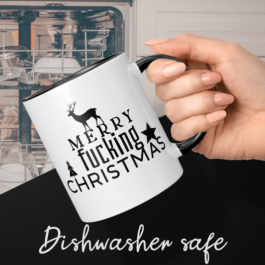 Dishwasher Safe Rude Merry Xmas Mug, 11 oz, Black and White, Colleague Work Gift Secret Santa